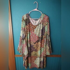 MSK Women Boho Chic Paisley Colorful Peacock Bell Sleeves Plus Size Dress